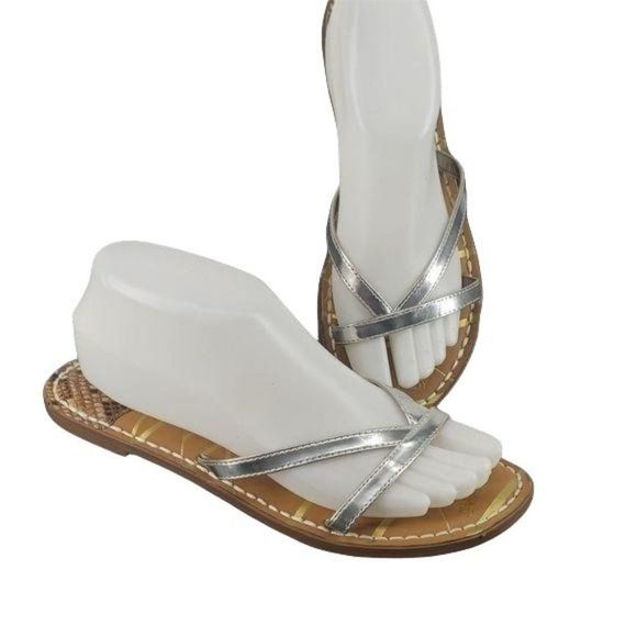 Sam and Libby Silver Thong Low Heel Snakeskin Sandals Flip Flops Size 8 - Picture 1 of 7